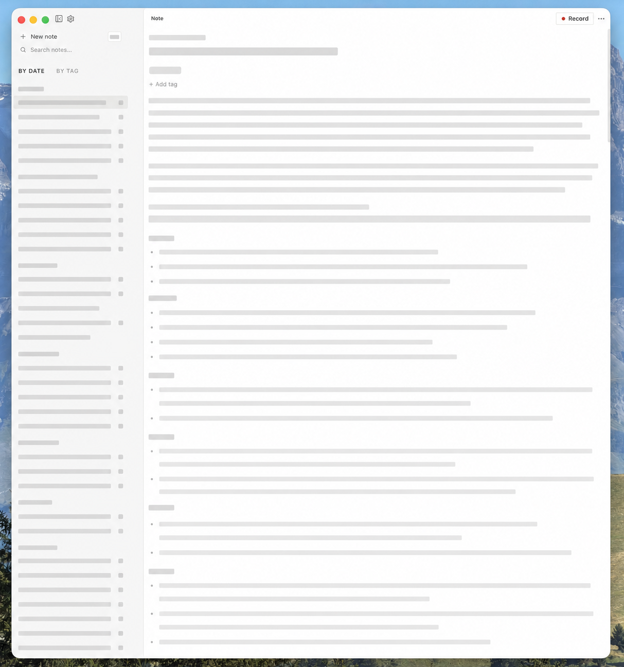 A blurred Loofah window showing its note list and editor without exposing the contents of the notes.